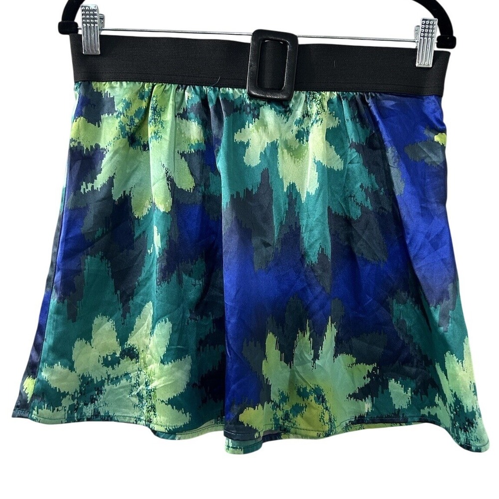 Hot Tempered Abstract Floral Mini Skirt L Blue Green Buckle Elastic Retro Indie